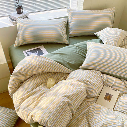 Cotton Dyed Washed Cotton Bedding Set Pure Cotton A Class Flat Sheet Quilt Cover Fitted Sheet Quilt Cover Three-Piece Set Striped