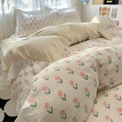 Skin friendly French romantic lace washed cotton printed bed bedding skirt four piece set of bed sheets bedsheet
