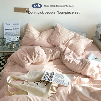 Solid Color Simple Four-Piece Set Flannel Quilt Cover INS Style Quilt Cover Dormitory Summer Washed Cotton Bedding Three-Piece Set