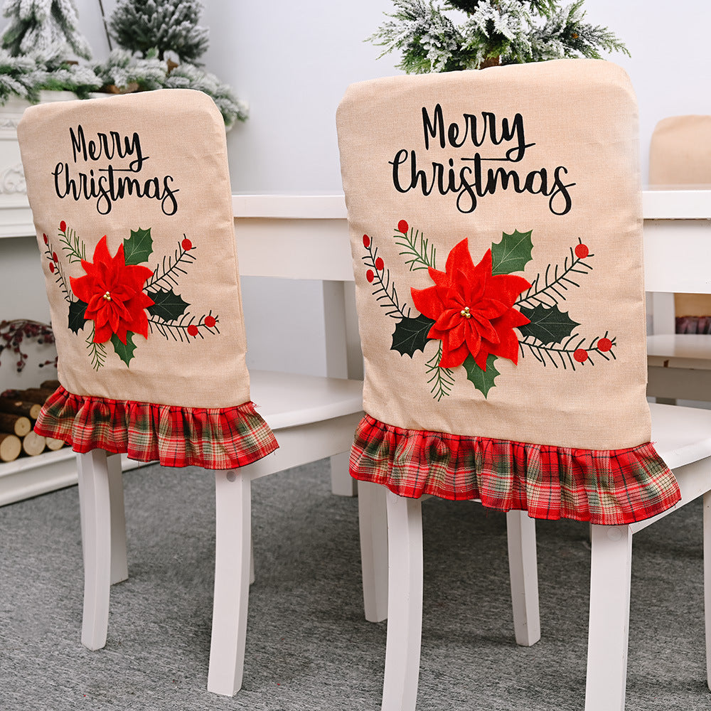 Christmas decorations, big red flower linen chair covers, chair covers, chair covers, chair decorations