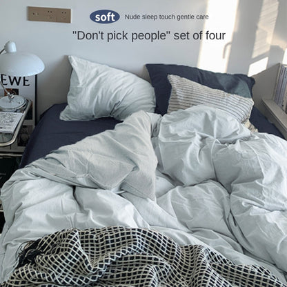 Solid Color Simple Four-Piece Set Flannel Quilt Cover INS Style Quilt Cover Dormitory Summer Washed Cotton Bedding Three-Piece Set