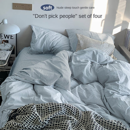 Solid Color Simple Four-Piece Set Flannel Quilt Cover INS Style Quilt Cover Dormitory Summer Washed Cotton Bedding Three-Piece Set