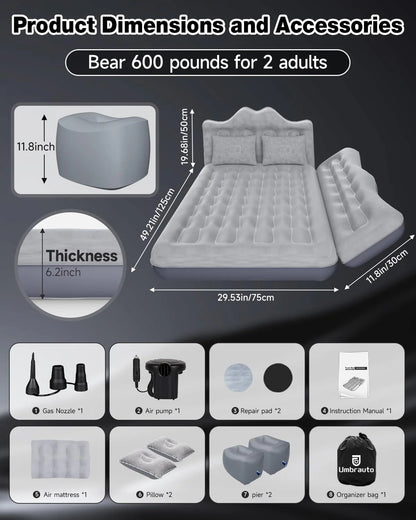 Umbrauto 29.53in/75cm Wide Car Air Mattress – Inflatable SUV, Truck & Van Back Seat Camping Bed with Pump & Pillows, Gray