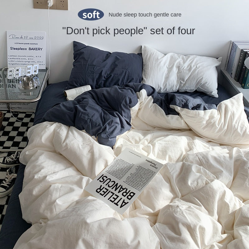 Solid Color Simple Four-Piece Set Flannel Quilt Cover INS Style Quilt Cover Dormitory Summer Washed Cotton Bedding Three-Piece Set