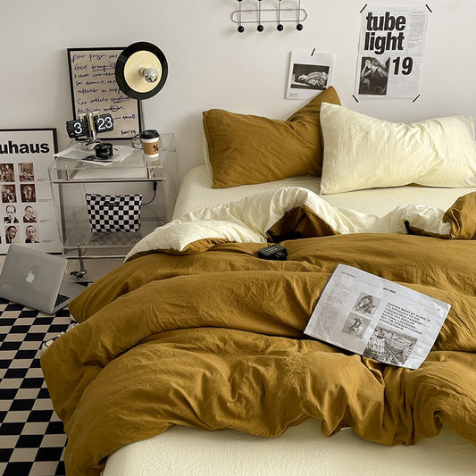 Japanese Solid Color Double Spliced Washed Cotton Four-Piece Set Minimalist Style Quilt Cover Bed Sheet Fitted Sheet Dormitory Bedding Three-Piece Set Wholesale