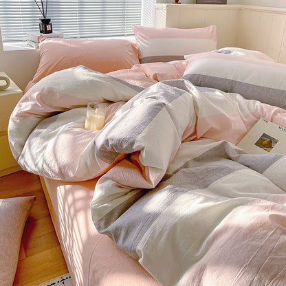 Cotton Dyed Washed Cotton Bedding Set Pure Cotton A Class Flat Sheet Quilt Cover Fitted Sheet Quilt Cover Three-Piece Set Striped