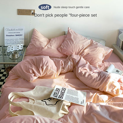 Solid Color Simple Four-Piece Set Flannel Quilt Cover INS Style Quilt Cover Dormitory Summer Washed Cotton Bedding Three-Piece Set