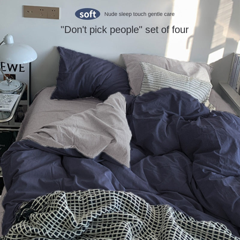 Solid Color Simple Four-Piece Set Flannel Quilt Cover INS Style Quilt Cover Dormitory Summer Washed Cotton Bedding Three-Piece Set