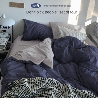Solid Color Simple Four-Piece Set Flannel Quilt Cover INS Style Quilt Cover Dormitory Summer Washed Cotton Bedding Three-Piece Set