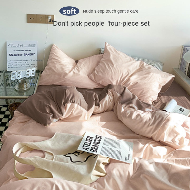 Solid Color Simple Four-Piece Set Flannel Quilt Cover INS Style Quilt Cover Dormitory Summer Washed Cotton Bedding Three-Piece Set