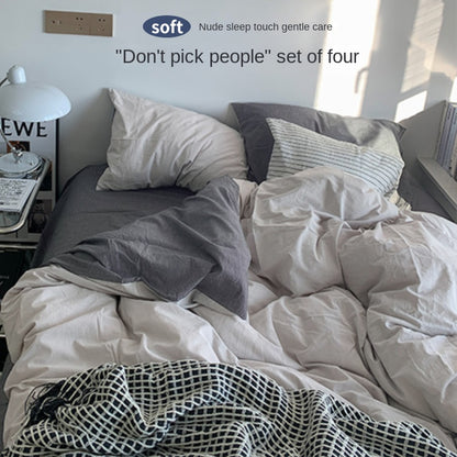 Solid Color Simple Four-Piece Set Flannel Quilt Cover INS Style Quilt Cover Dormitory Summer Washed Cotton Bedding Three-Piece Set